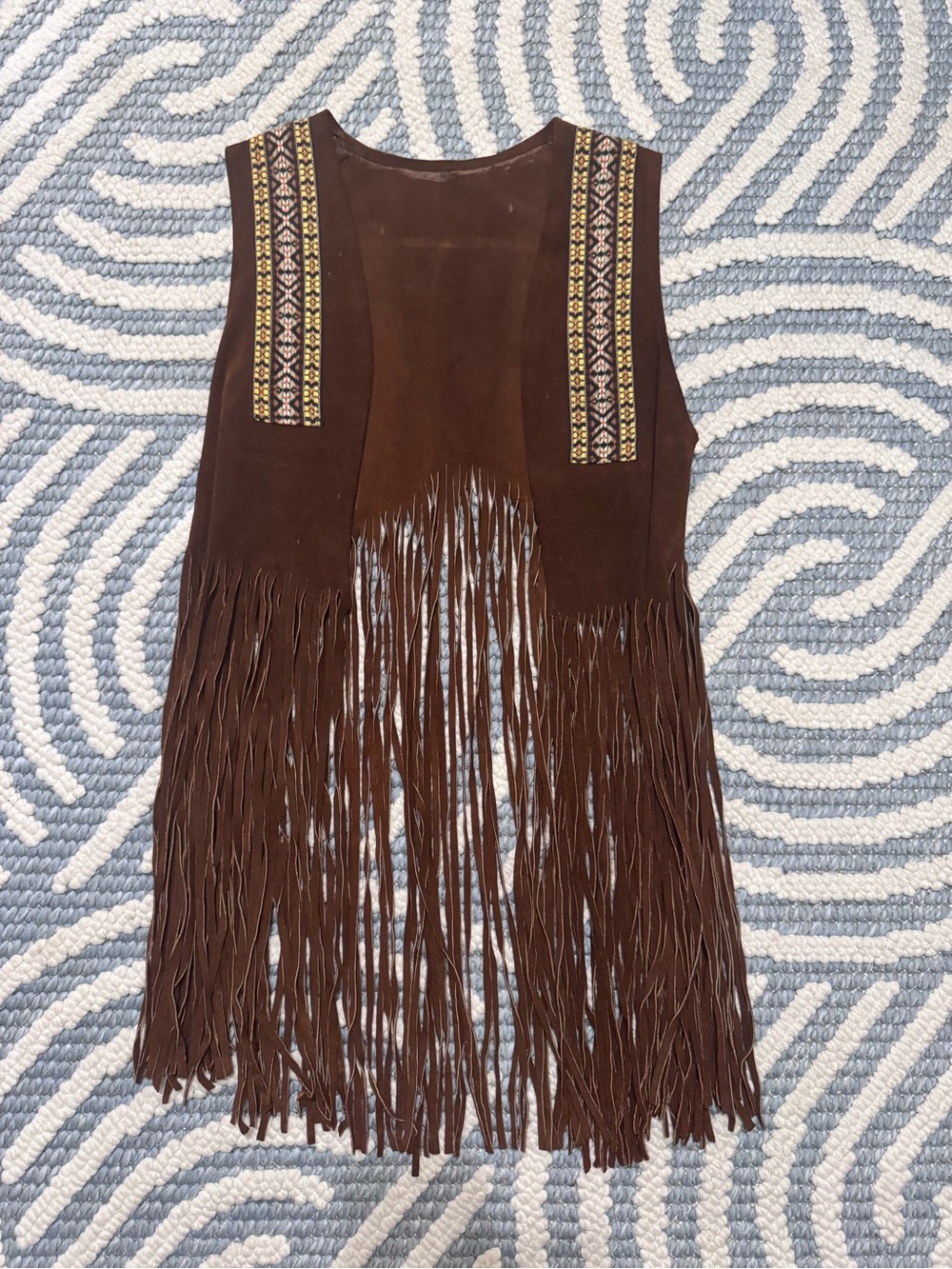 Brown Fringe Vest with Patterned Trim | 70s Western Style